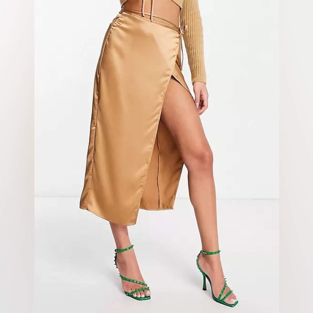 Topshop Co-ord Satin Wrap Midi Skirt – Camel